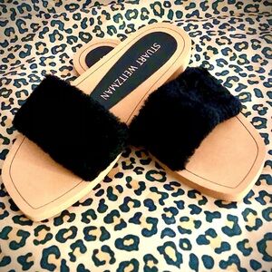 NWT STUART WEITZMAN Cammy Genuine Shearling Slides Sandal Black 8.5 MSRP $250
